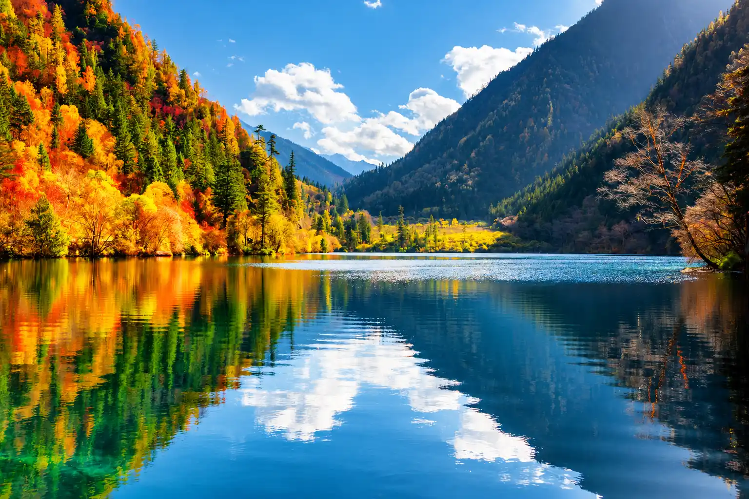 Autumn foliage reflected in a turquoise lake in Jiuzhaigou