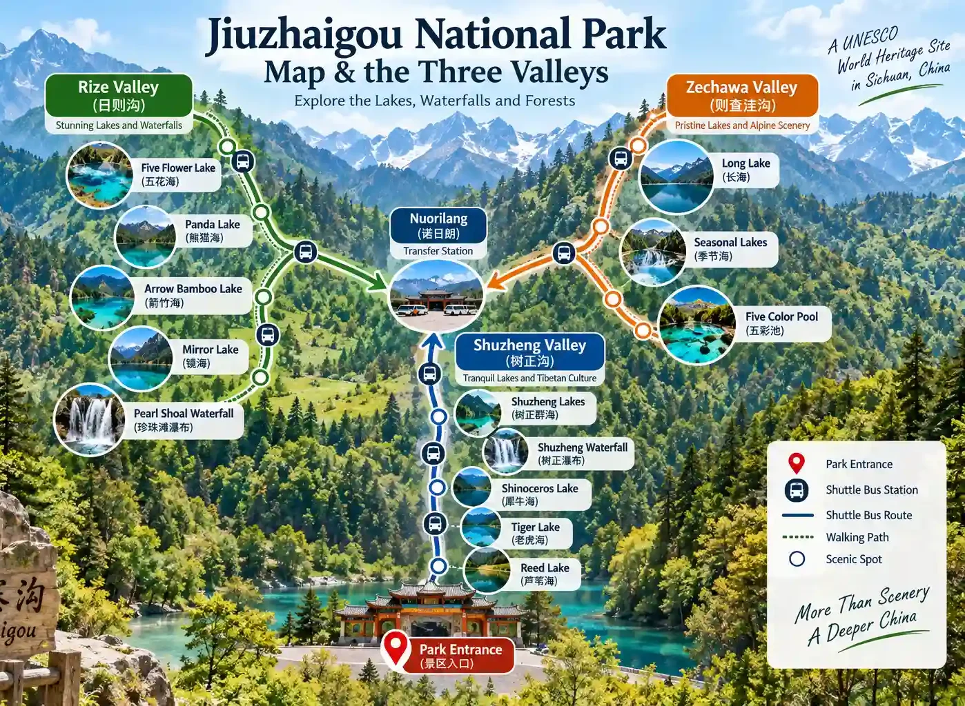 Map of Jiuzhaigou National Park showing Rize, Zechawa and Shuzheng valleys