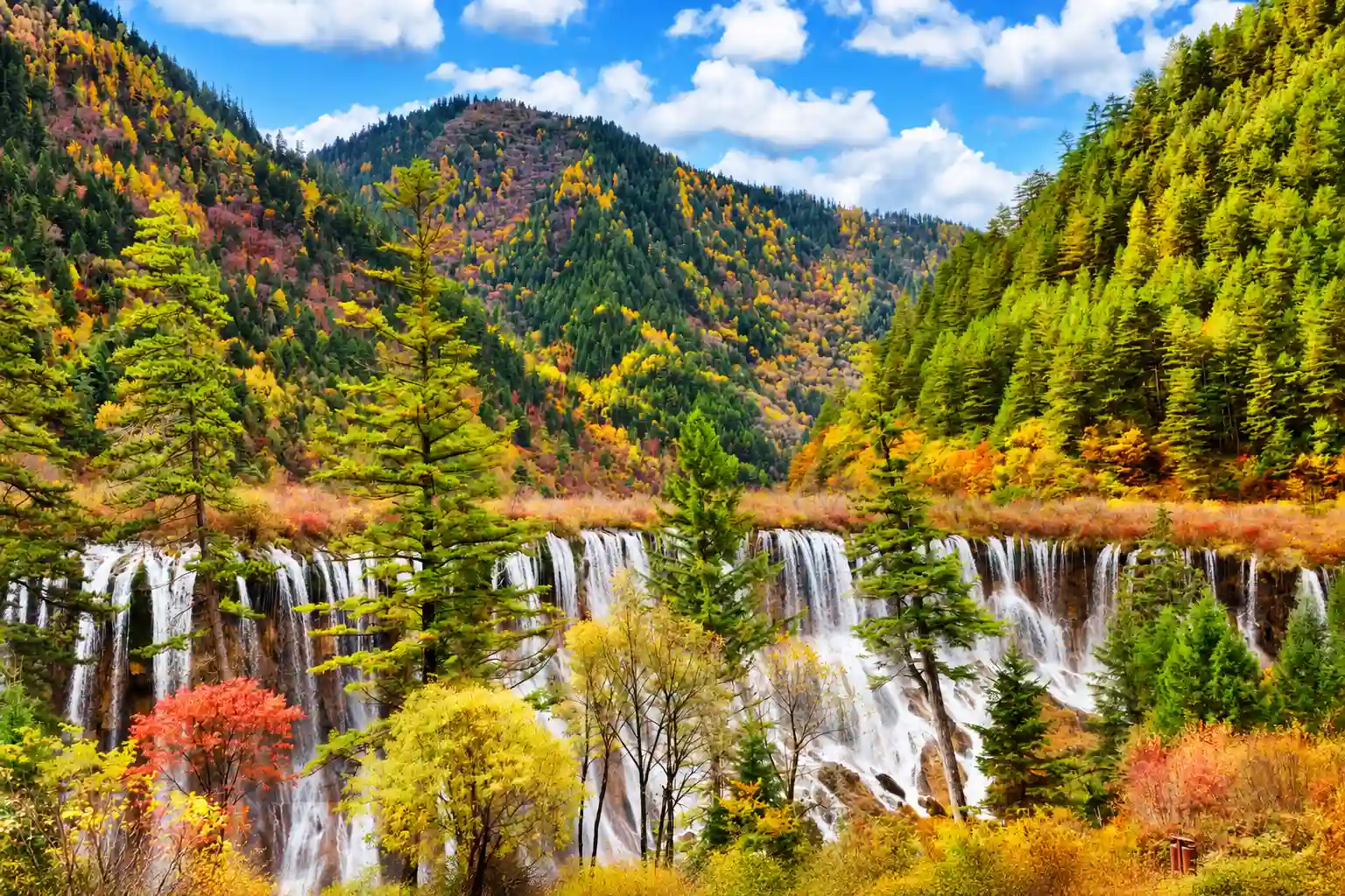 Nuorilang Waterfall and service area in Jiuzhaigou National Park