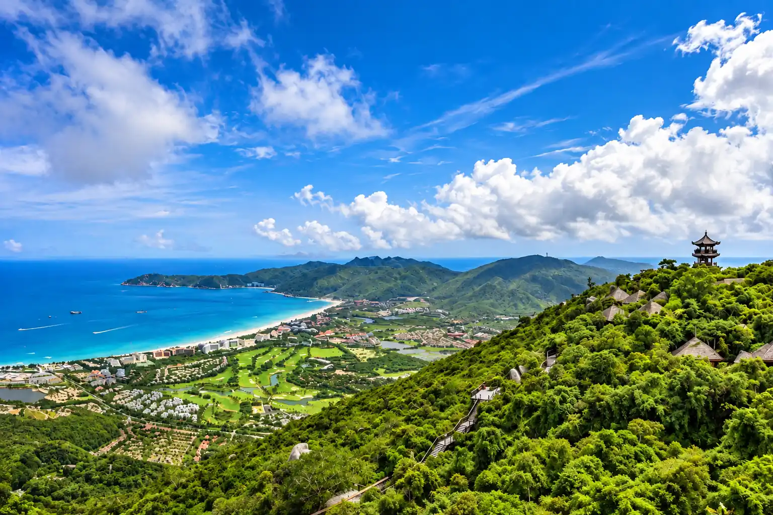 Panoramic mountain and coastal view in Sanya, Hainan