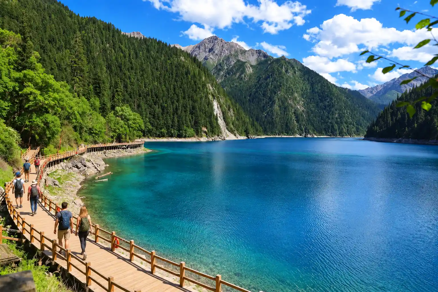 Scenic boardwalk between lakes and waterfalls in Jiuzhaigou National Park