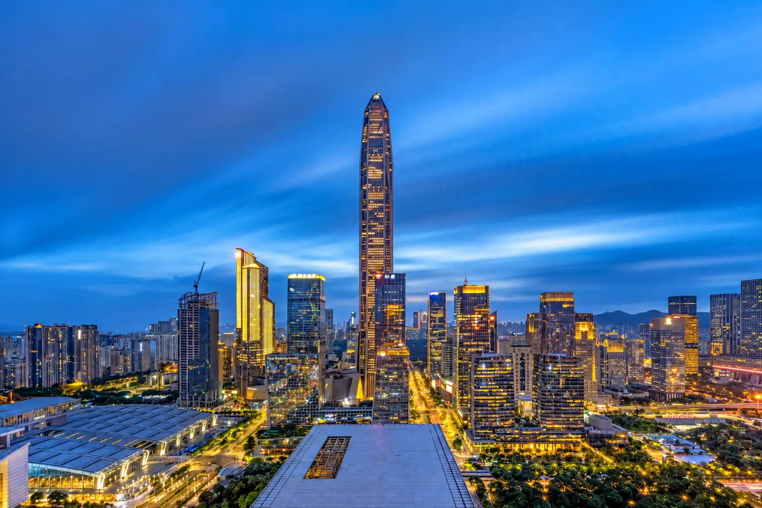 Futian skyline at night in Shenzhen