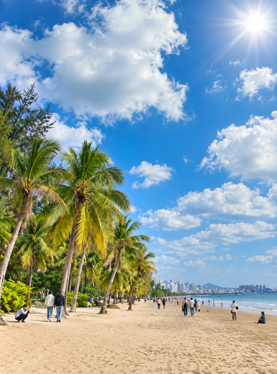 Sunny palm-lined beach in Sanya during winter
