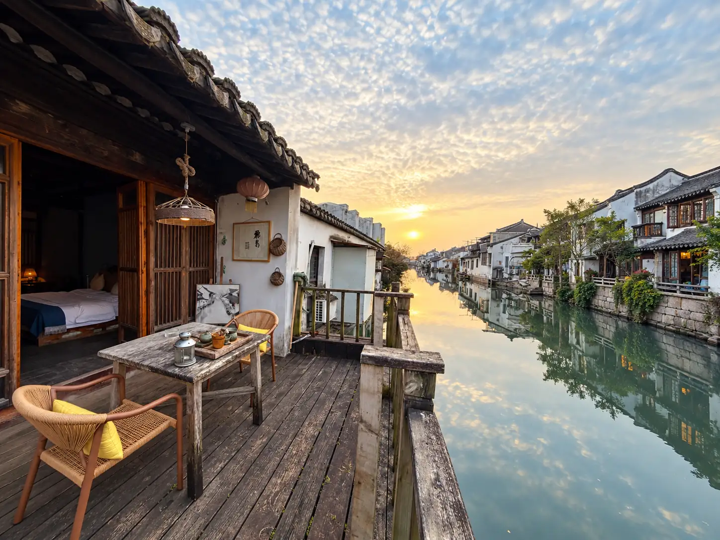 Suzhou Canal View from a Riverside Balcony at Sunset
