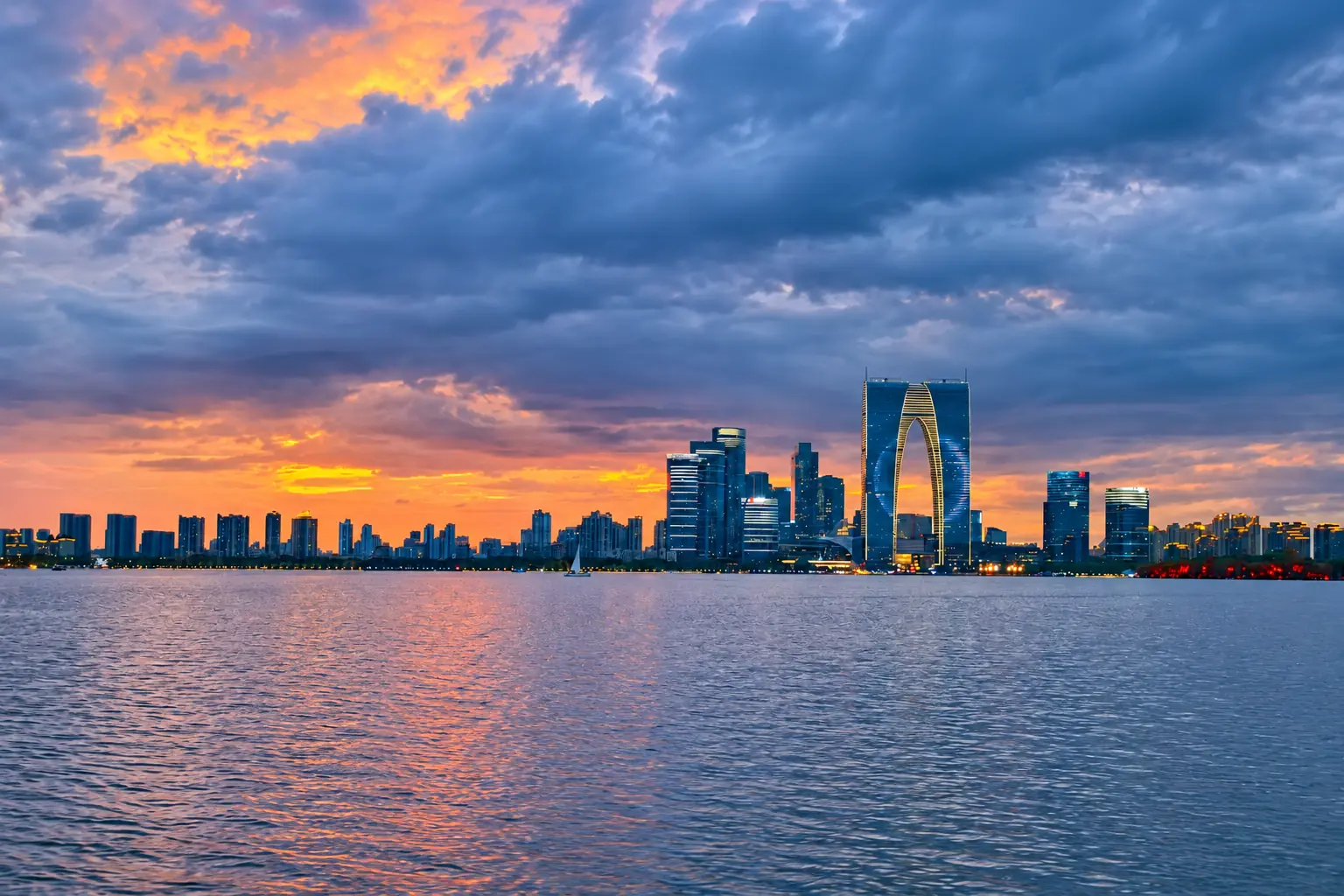 Suzhou Jinji Lake Skyline at Sunset