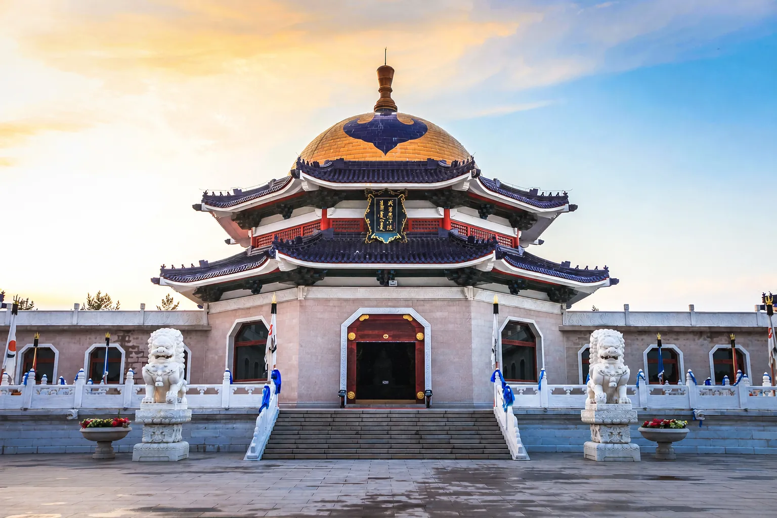 Genghis Khan Mausoleum memorial complex near Ordos at sunset