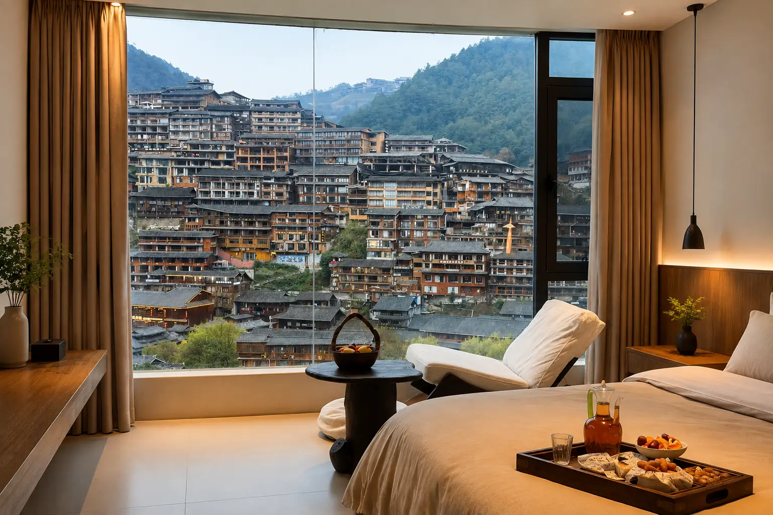 Guest room overlooking Xijiang Qianhu Miao Village in Guizhou
