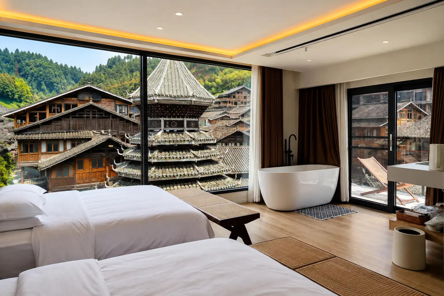 Guest room overlooking Zhaoxing Dong Village in Guizhou