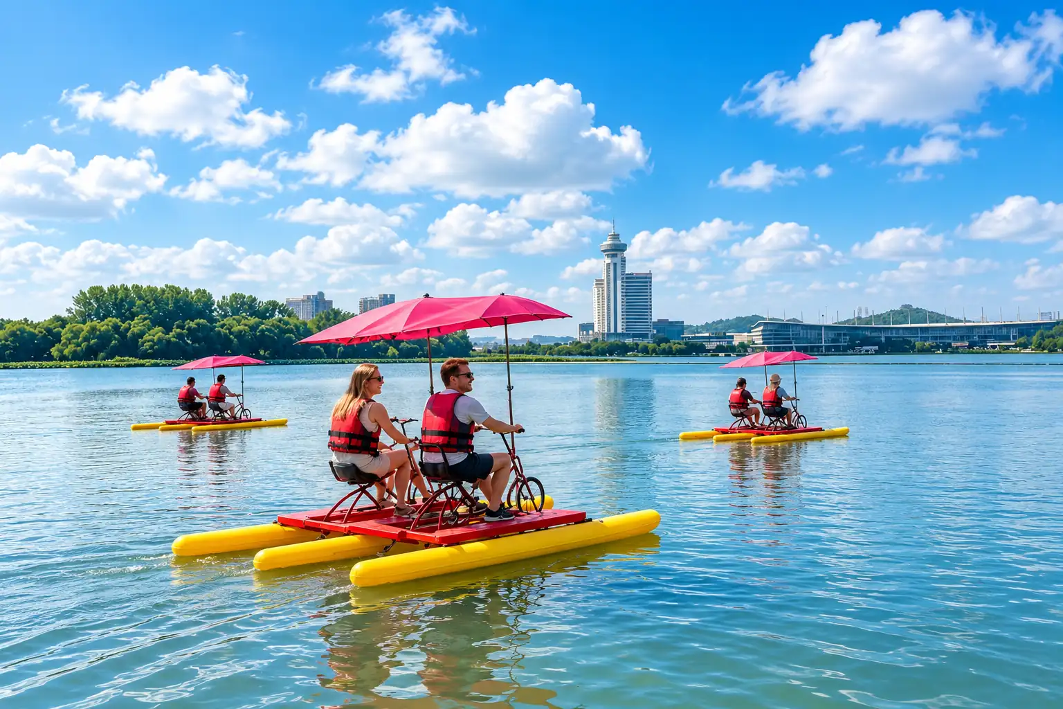 Visitors riding water bikes on Xuanwu Lake in Nanjing