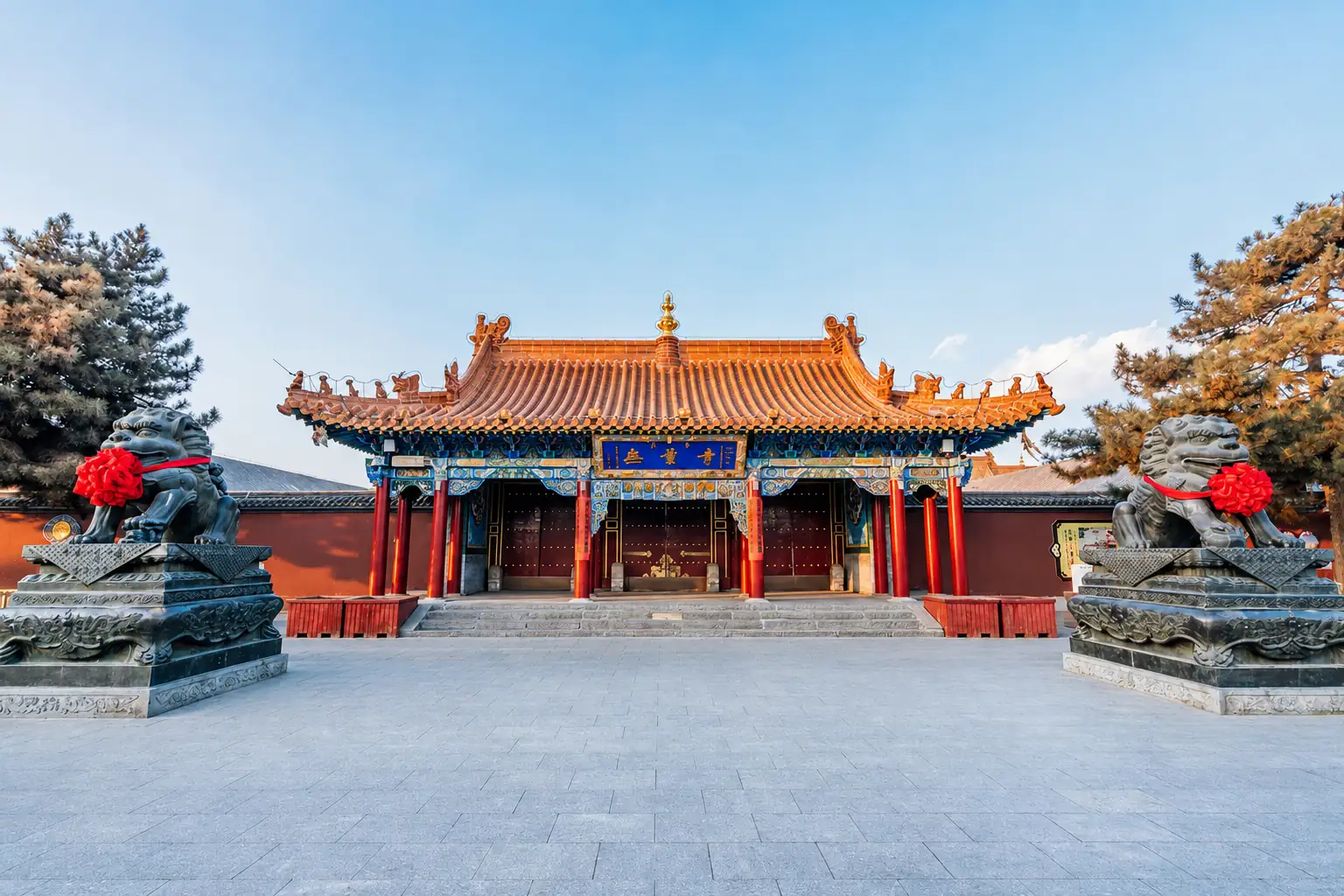Dazhao Temple entrance with stone lions in Hohhot Inner Mongolia