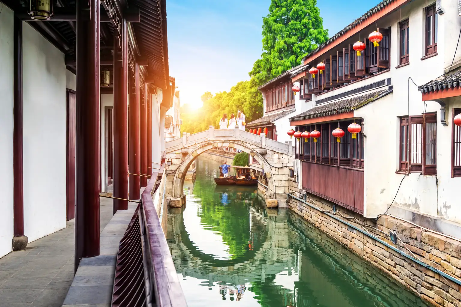 Traditional Chinese Water Town Canal and Stone Bridge