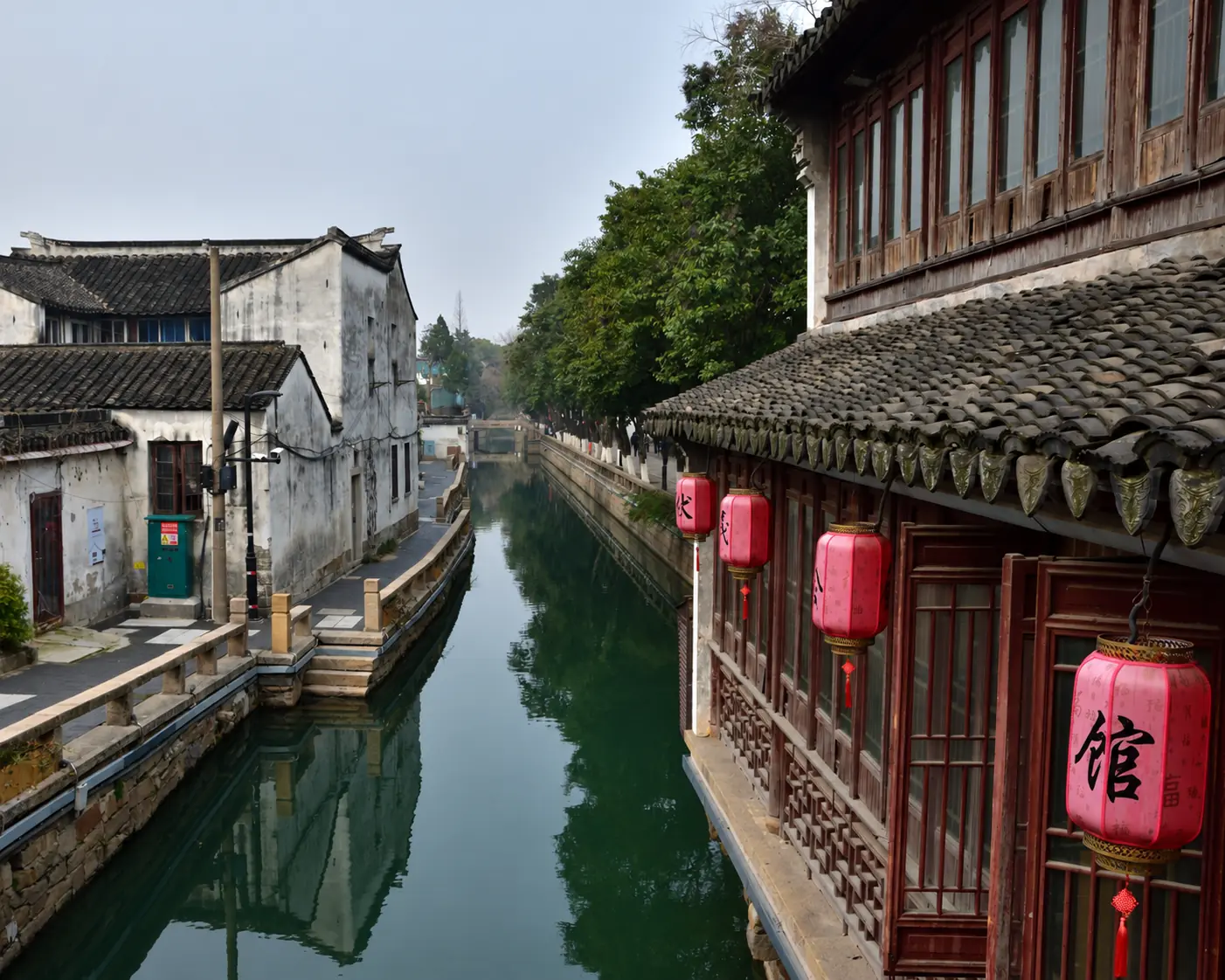 Traditional Chinese water town canal with red lanterns