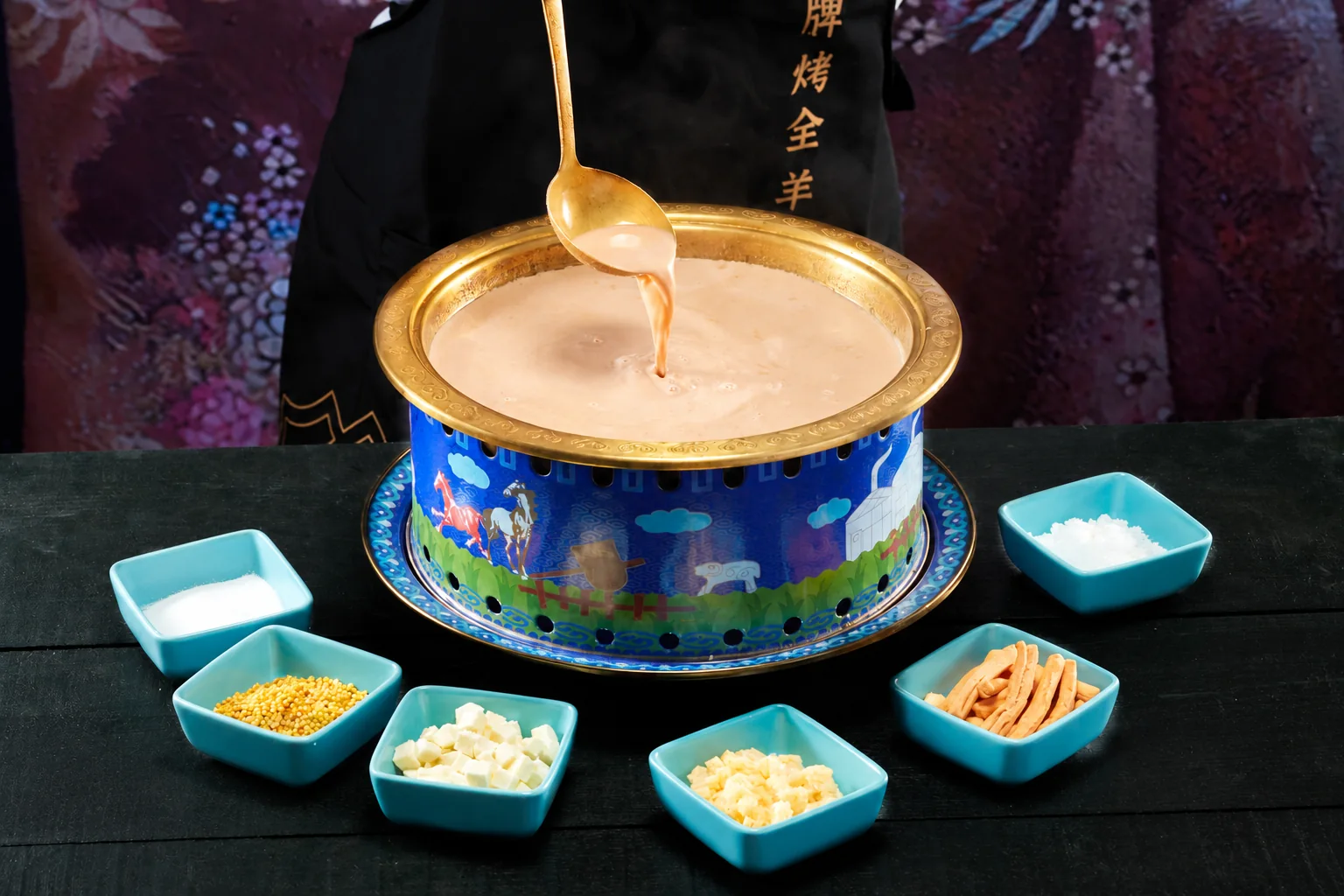 Traditional Inner Mongolian milk tea served in a decorated teapot