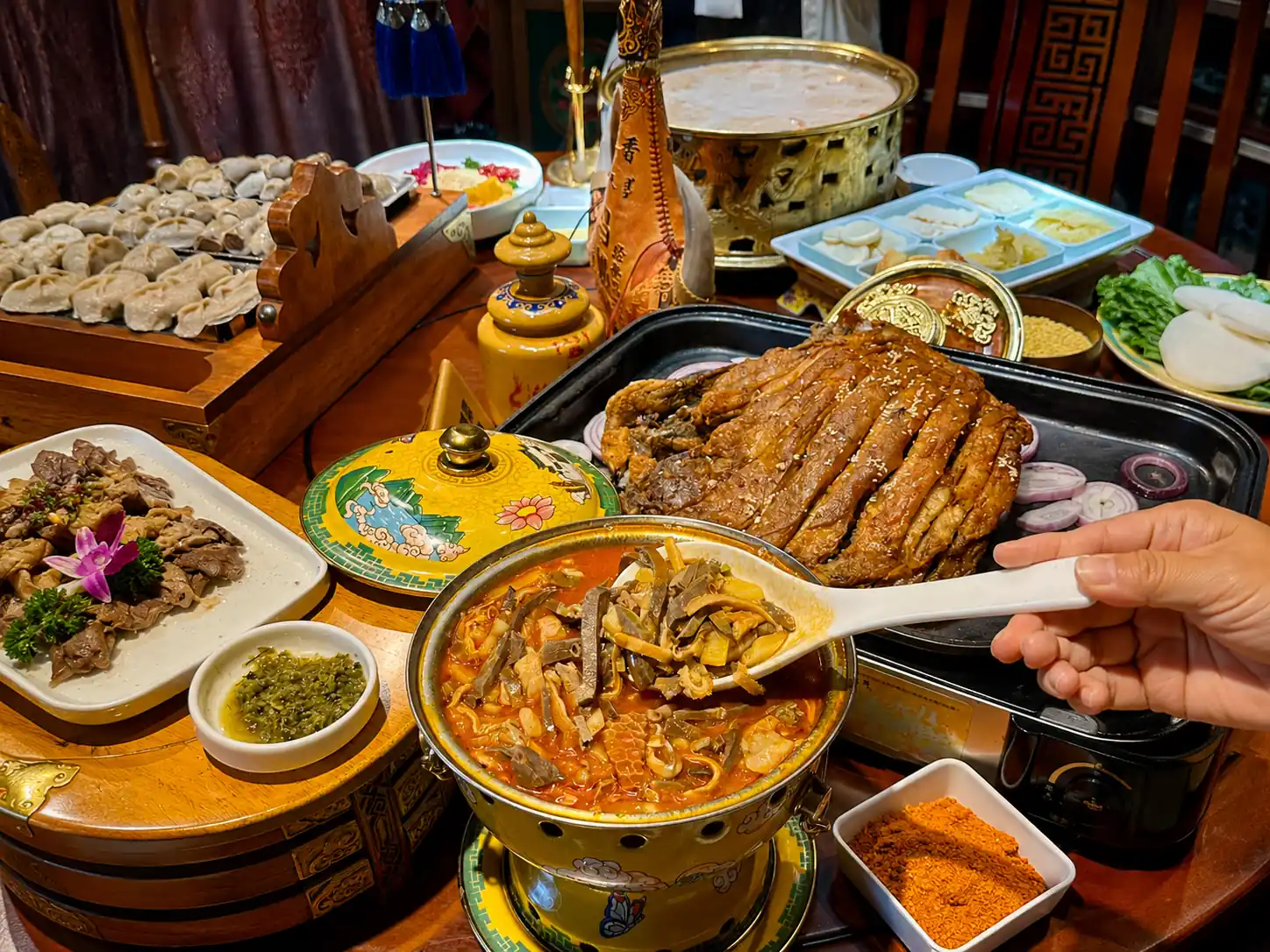 Traditional Inner Mongolian food feast with mutton and local dishes