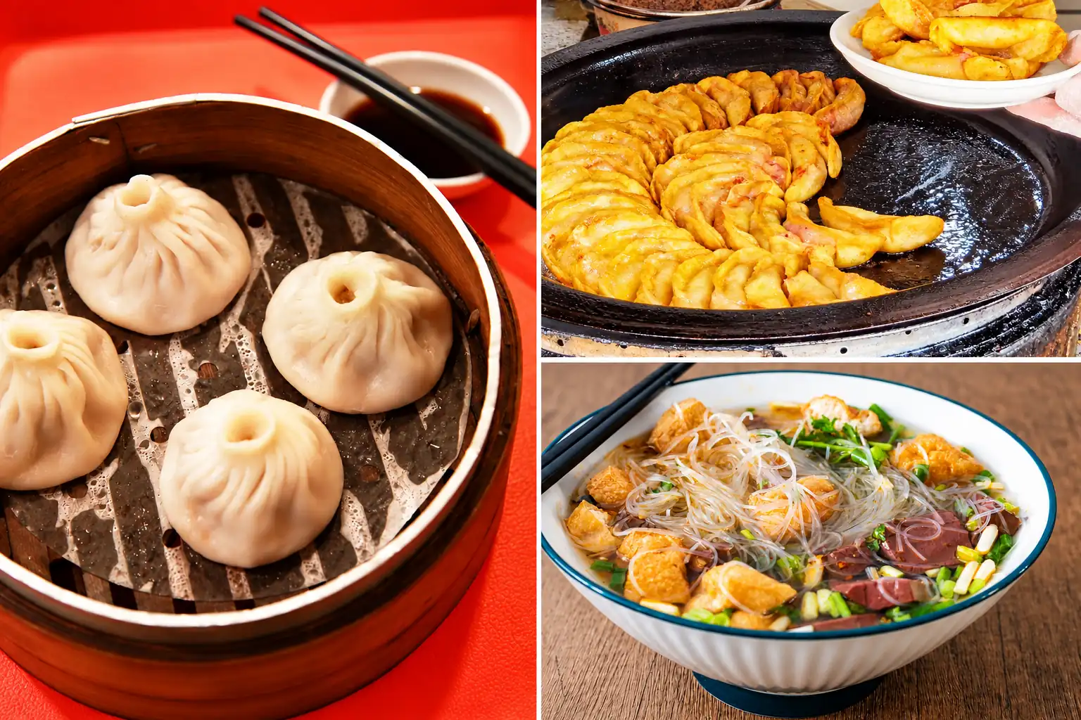 Traditional local breakfast with dumplings, potstickers and noodles in Nanjing