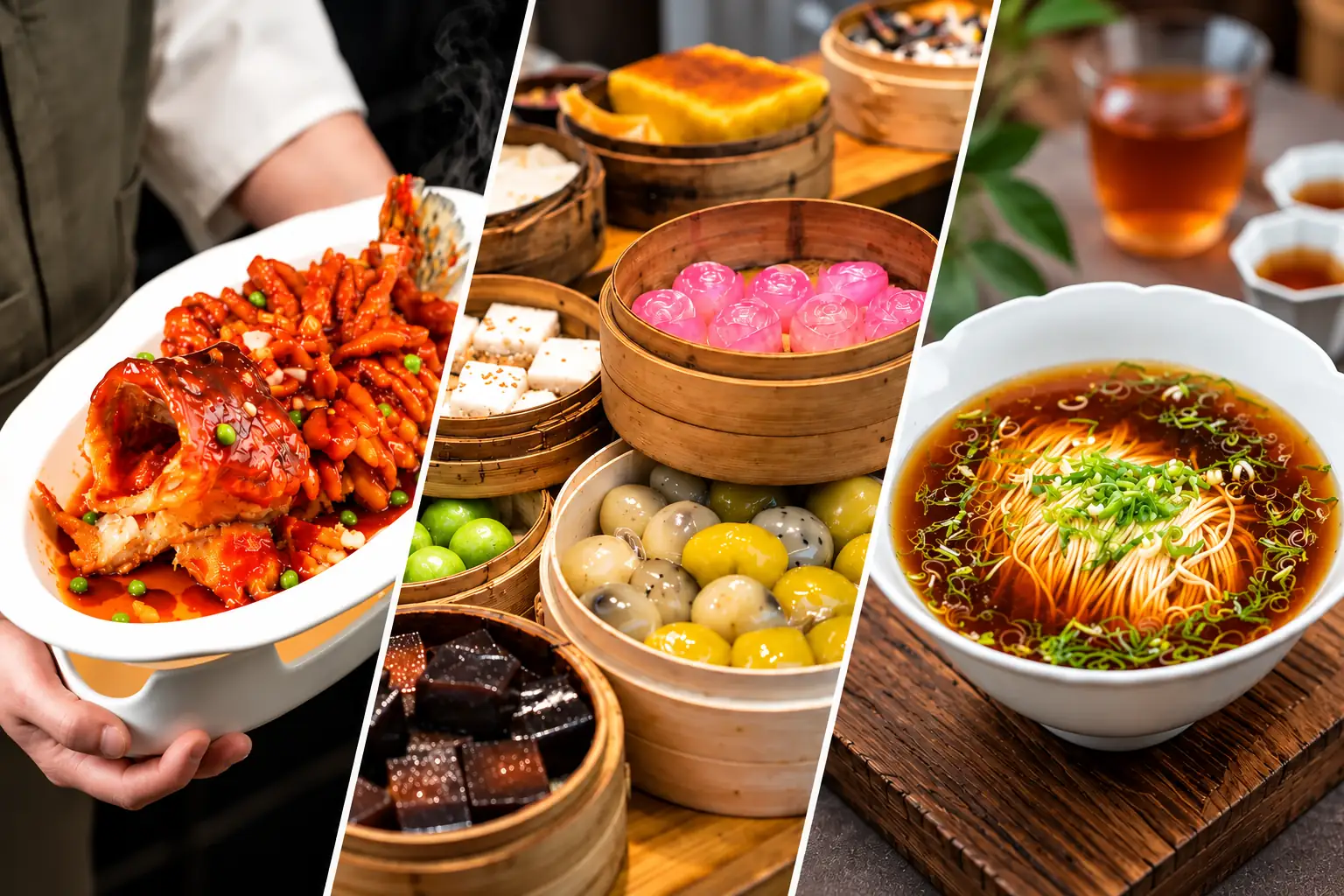 Chinese Cuisine Collage with Fish, Dim Sum and Noodles