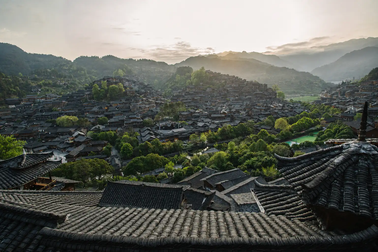 Xijiang Qianhu Miao Village in Guizhou at sunrise