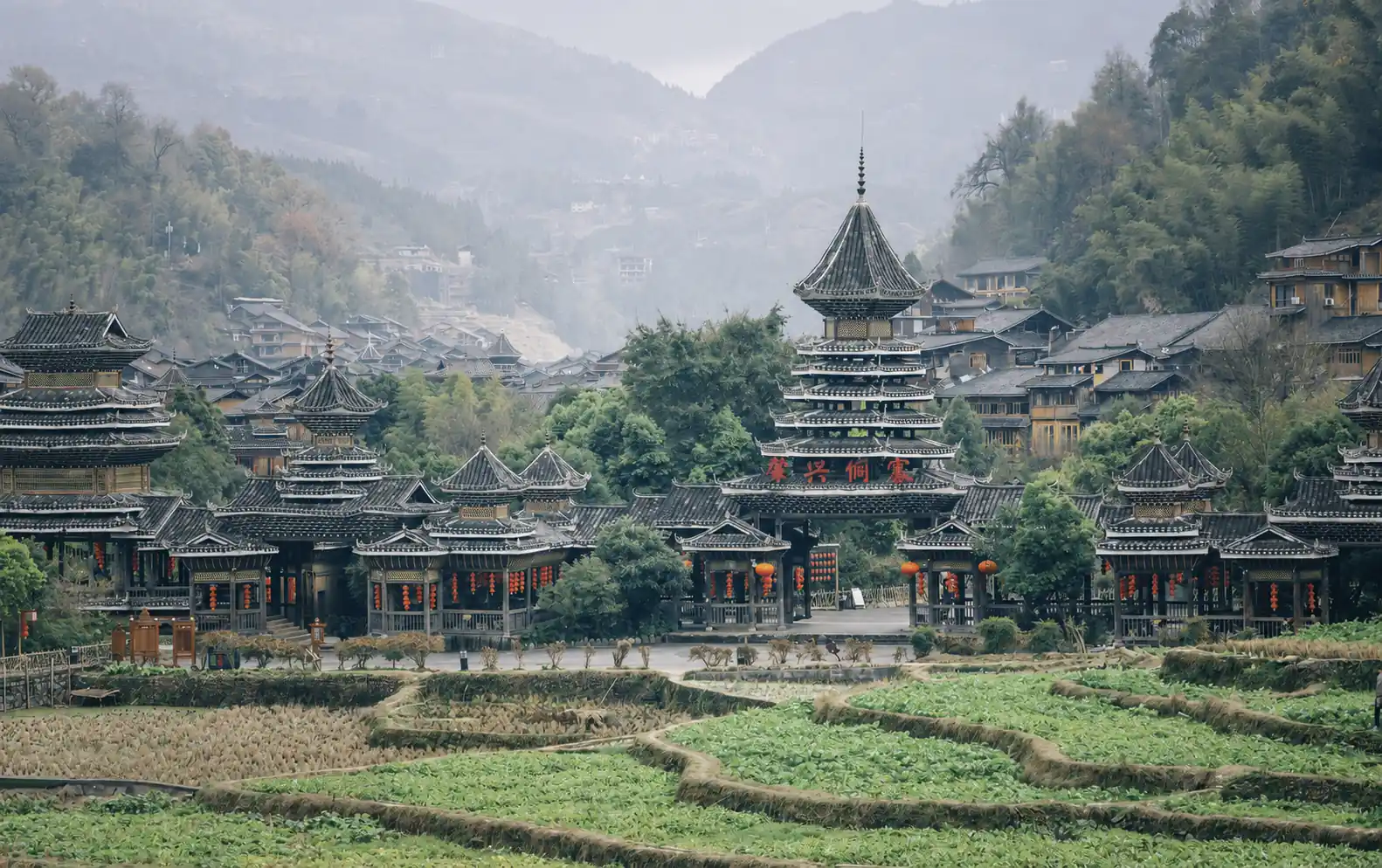 Traditional wooden drum towers in Zhaoxing Dong Village, Guizhou