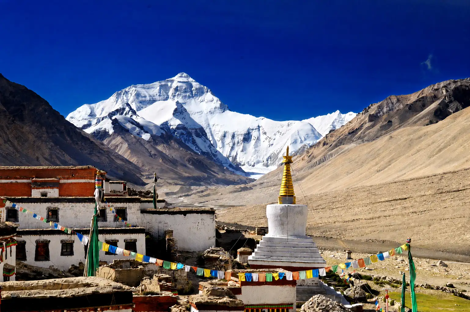 Mount Everest and high altitude scenery on the Tibetan side